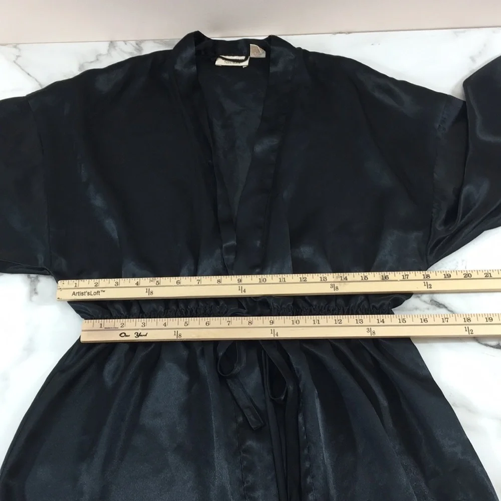 Victoria's Secret Black Silky Robe Womens Small Tie Waist Vintage Gold Label 80s